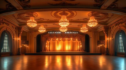 Obraz premium Well-Lit Event Hall Featuring a Stage with Ornate Ceiling and Chandeliers
