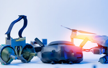 Concept military UAVs robot using in weapon, plane for war. Army drone with bomb and grenades,...