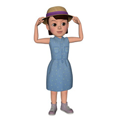 3D character cute blue dress girl in various poses design illustration, 3d rendering character girl pose animation