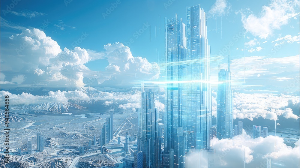Poster 3D rendering, futuristic cityscape with holographic images of AI technology and digital marketing in high-rise buildings. The sky is blue. Generative AI.