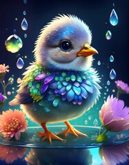 Adorable Silver and Green Chick Bathing in a Sparkling Pond