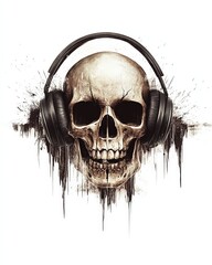 Obraz premium A skull with headphones on, DJ-style, with sound waves visualized around it, set on a white background with space for copy