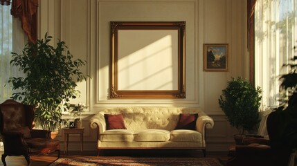 A sun-drenched living room with a large ornate frame, a couch, and two armchairs