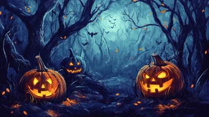 Halloween invitation featuring a haunted forest and creepy pumpkins.