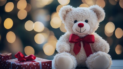 Cute Stuffed Teddy Bear with Red Bow, Perfect Gift for Valentine's Day or Christmas Generative AI