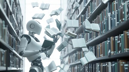 A 3D digital library with search engine robots organizing floating books, symbolizing vast knowledge access
