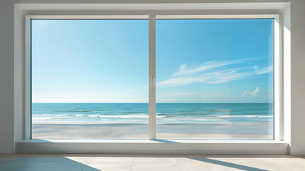 Coastal view through a large window on a sunny day
