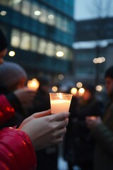 A candlelight vigil in a public space with people holding candles and listening to speeches about peace and solidarity