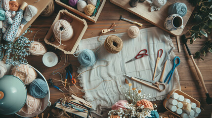 Top-down view of a craft table with knitting supplies