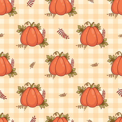 Autumn seamless pattern. Orange pumpkin with leaves on checkered yellow background. Vector autumnal illustration for design, packaging, wallpaper, textile