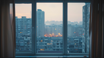 Cityscape view through office window at dusk
