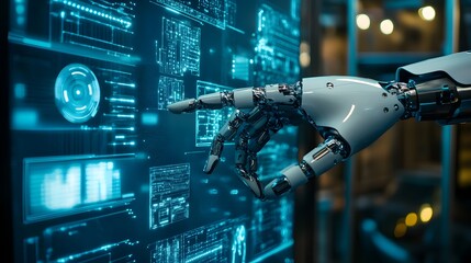 Fototapeta premium A robotic arm interacting with a holographic display of cybernetic systems, symbolizing the integration of automation in advanced technology environments 