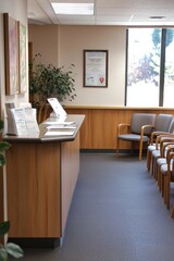 Fototapeta premium A well-organized clinic waiting room with a clean reception desk, seating arranged for privacy, and health pamphlets available, Generative AI