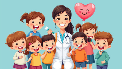 Happy Family of Children with Toothbrushes, Doctor, and Heart Balloon