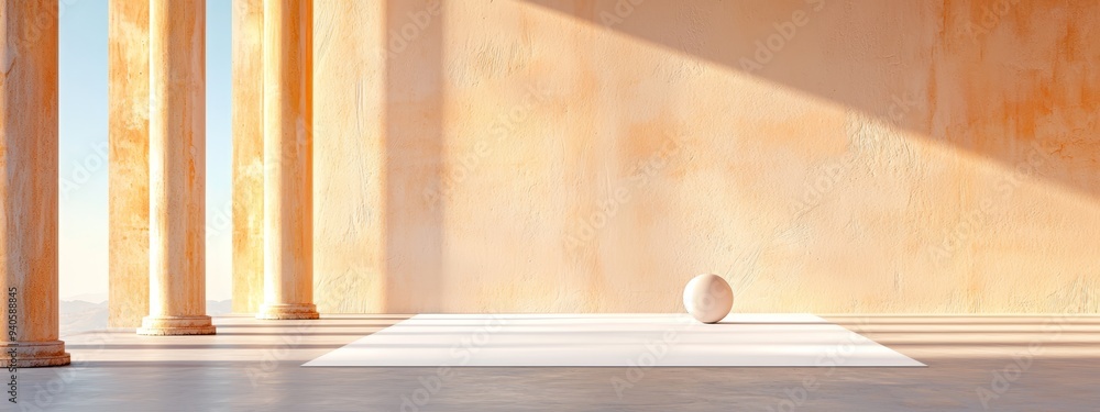 Sticker  A white ball atop a pristine rug in a chamber, surrounded by columns and a backdrop of a white wall