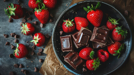 Top view of chocolate bar with strawberries on bowl