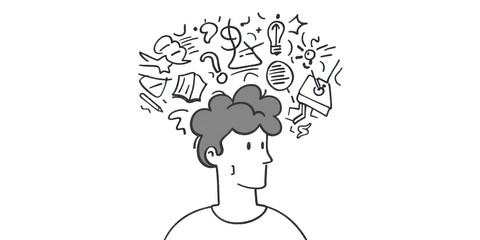 Fototapeta premium Person with Thought Bubbles Filled with Hand Drawn Ideas.