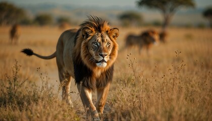 Majestic Lion Striding Through Golden Savanna: Symbol of Strength and African Wildlife Beauty