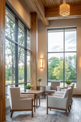 Fototapeta premium A well-lit clinic waiting room with natural wood finishes, a large window, and comfortable seating. Patients are waiting , Generative AI
