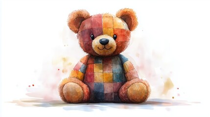 Fototapeta premium Handcrafted Style Teddy Bear Watercolor Illustration with Textured Paint Effect and Cute Personality