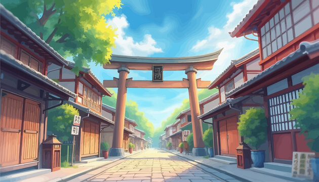 Japanese-style street with torii gate and traditional buildings