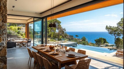 Fototapeta premium Mid-century coastal home interior design of modern living room in seaside villa