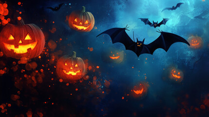 Glowing jack-o'-lanterns casting an eerie light while spooky bats circle overhead, perfect for adding a touch of fright to your Halloween projects.