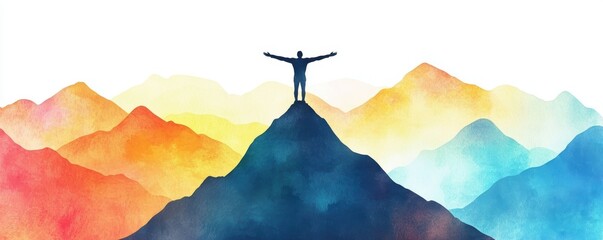 Standing on top of a mountain, arms wide, embracing victory, watercolor style