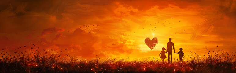 Fototapeta premium Silhouetted Family Watching Heart-Shaped Sunset in Vibrant Orange Sky