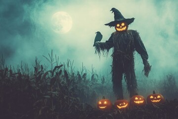 Creepy Scarecrow Lanterns in Foggy Cornfield