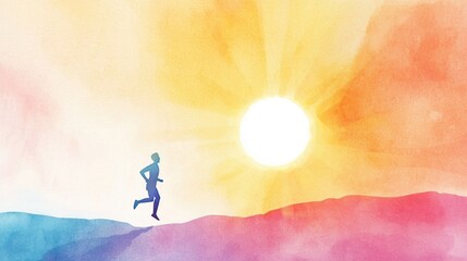 Person running towards light, symbolizing achieving a goal, watercolor style