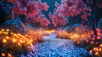 Dreamland light up, magical garden, full of candy flowers and gumdrop trees. Generative AI.