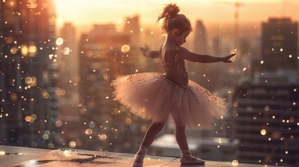 Little Ballerina Dreaming on Cityscape