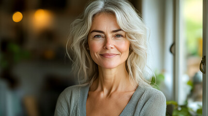 Obraz premium A woman with blonde hair and a smile is standing in front of a window
