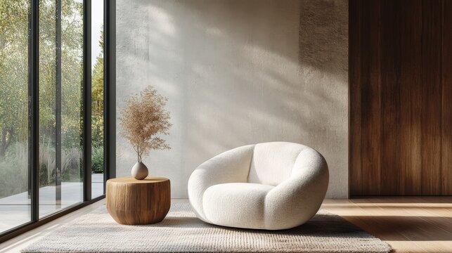 Minimalist, japandi interior design of modern living room with accent armchair