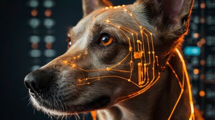 Dog with digital orange cyber tech closeup