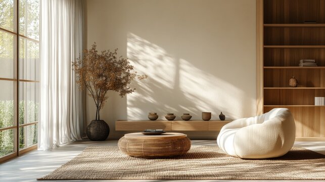 Minimalist, japandi interior design of modern living room with accent armchair