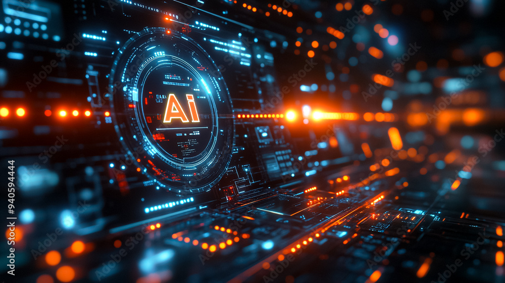 Poster a computer screen with a glowing circle that says ai