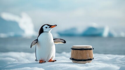 Naklejka premium Penguin drumming on ice, creating rhythmic sounds in an Arctic environment, vibrant and rhythmic.