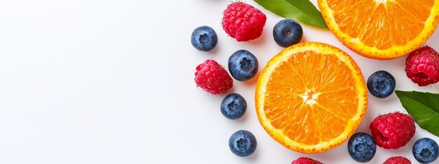  Oranges, raspberries, and blueberries are stacked on a white surface