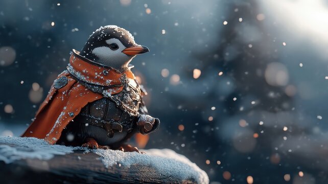 Knight penguin in medieval armor on a whimsical adventure in a snowy fantasy world, epic and adventurous.