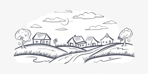 Hand drawn sketch of countryside landscape with houses, trees and clouds.