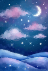 Naklejka premium Night Sky with Moon and Stars, Clouds, and Waves