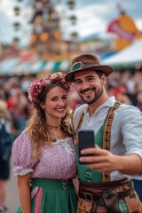 Obraz premium Smiling couple in traditional Bavarian clothing at Oktoberfest