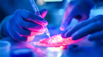 In the medical laboratory, tests are carried out on a sample of artificial skin for transplantation. close-up.