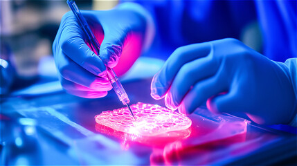 In the medical laboratory, tests are carried out on a sample of artificial skin for transplantation.