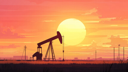 An oil derrick, or pump jack, set against a sunset landscape. The vector silhouette illustrates petroleum production.