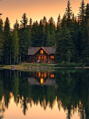Obraz premium A serene wooden retreat by a calm lake, framed by towering evergreens, captures the essence of a tranquil sunset in the wild.
