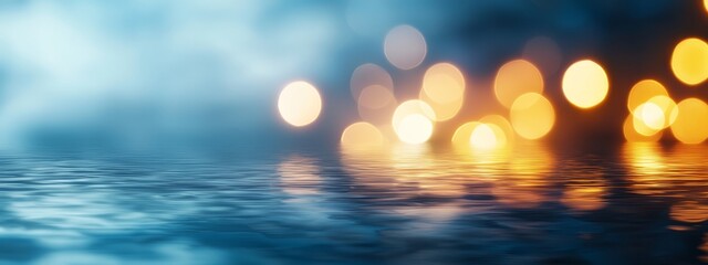  A crisp image of lights mirrored on a water body's surface with a clear blue sky behind it