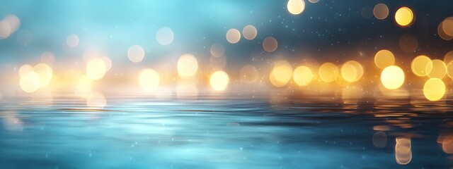  A blurred image of lights reflected on the water's surface in the foreground is an image of lights in the background also being blurred